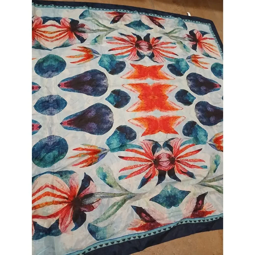 100% SILK‎ Scarf Vietri Milano Long Wrap 41x69 Blue Colorful Modern Art Tropical